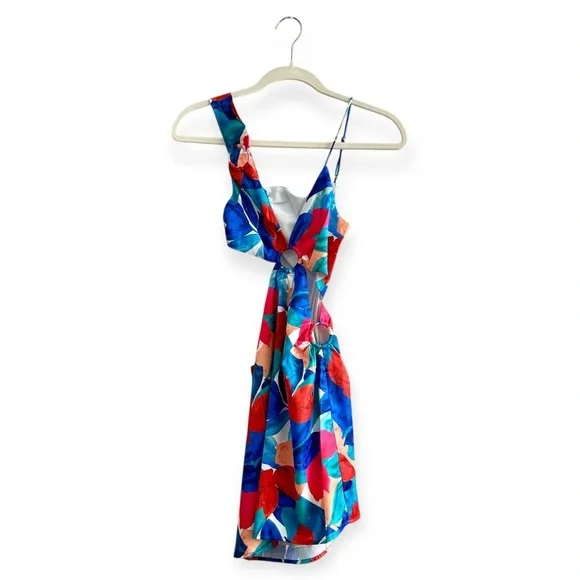 For Love & Lemons Lorenza Cutout Mini Dress Sz XS Floral Satin Asymmetrical